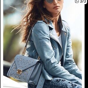 Michael Kors Lamb Leather Moto Jacket, Chambray Blue, size M